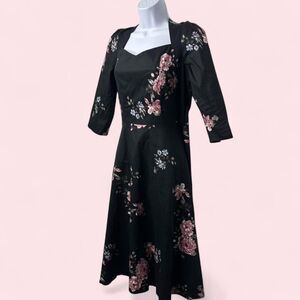 Women's M Black Floral Midi Dress Sweetheart Neck Open Back Bow 3/4 Sleeve NWT